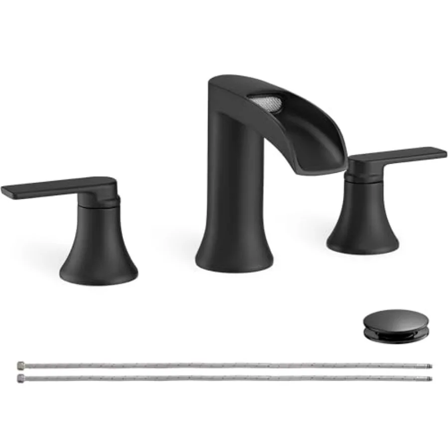 

Widespread bathroom sink faucet for vanity lavatory restroom: matte black brass waterfall faucet 3-hole 8-inch 2 handles includ