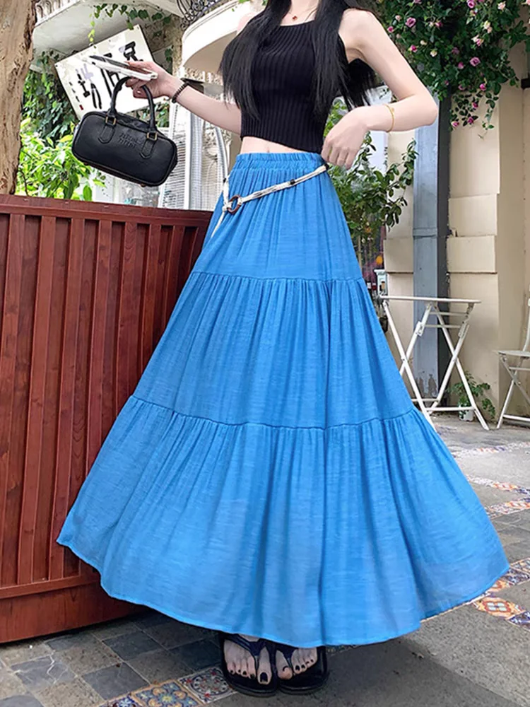 Jupe mi-longue d'été Boho en coton et lin : jupe longue plissée trapèze fluide avec coupe amincissante et design qui cache les hanches pour les vacances du resort