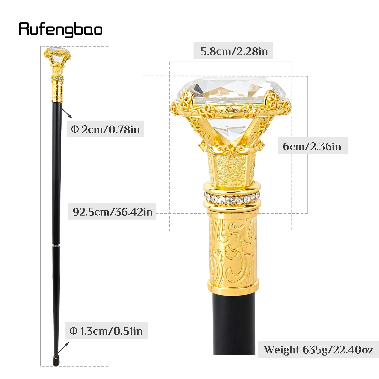 White Diamond Type Golden Walking Cane Fashion Decorative Walking Stick Gentleman Elegant Cosplay Cane Knob Crosier 93cm