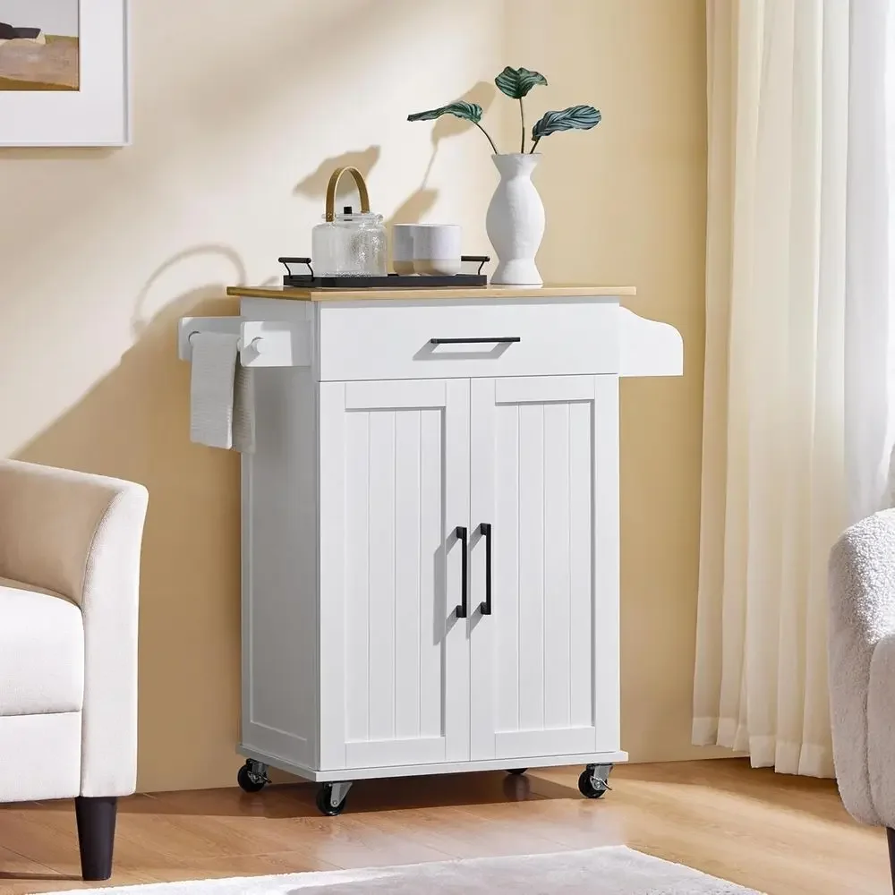 White Rolling Kitchen Cart with Storage Rack and Cabinet, Mobile Island for Microwave and Coffee Station view 2