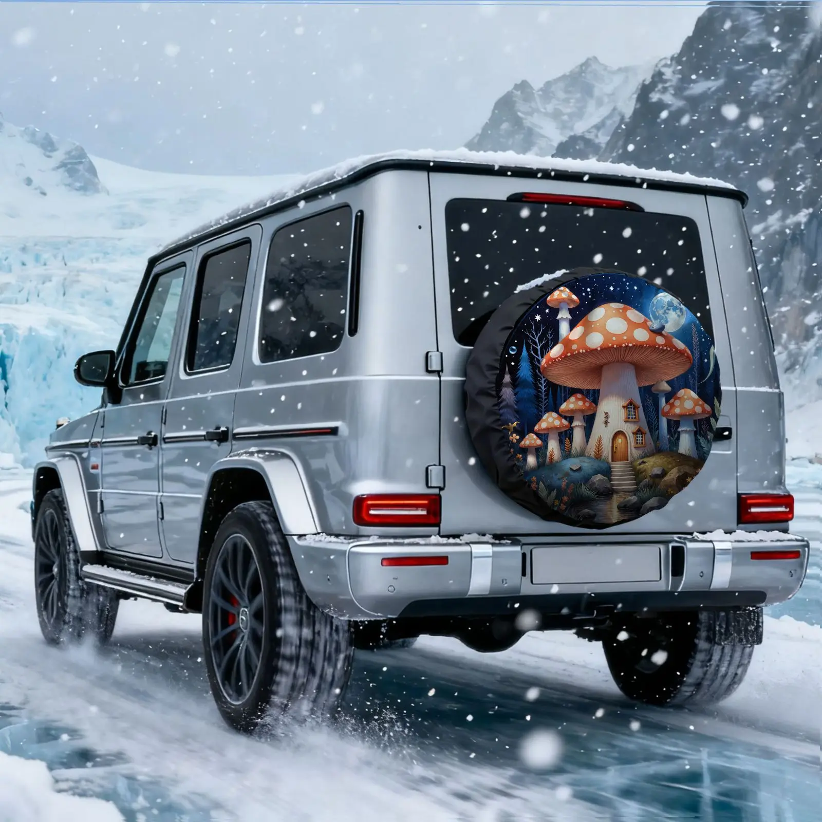 Tire Cover With A Dreamy Forest Mushroom House Print, Made Of Polyester Fiber, Featuring Exquisite Patterns That Are Not Easy To