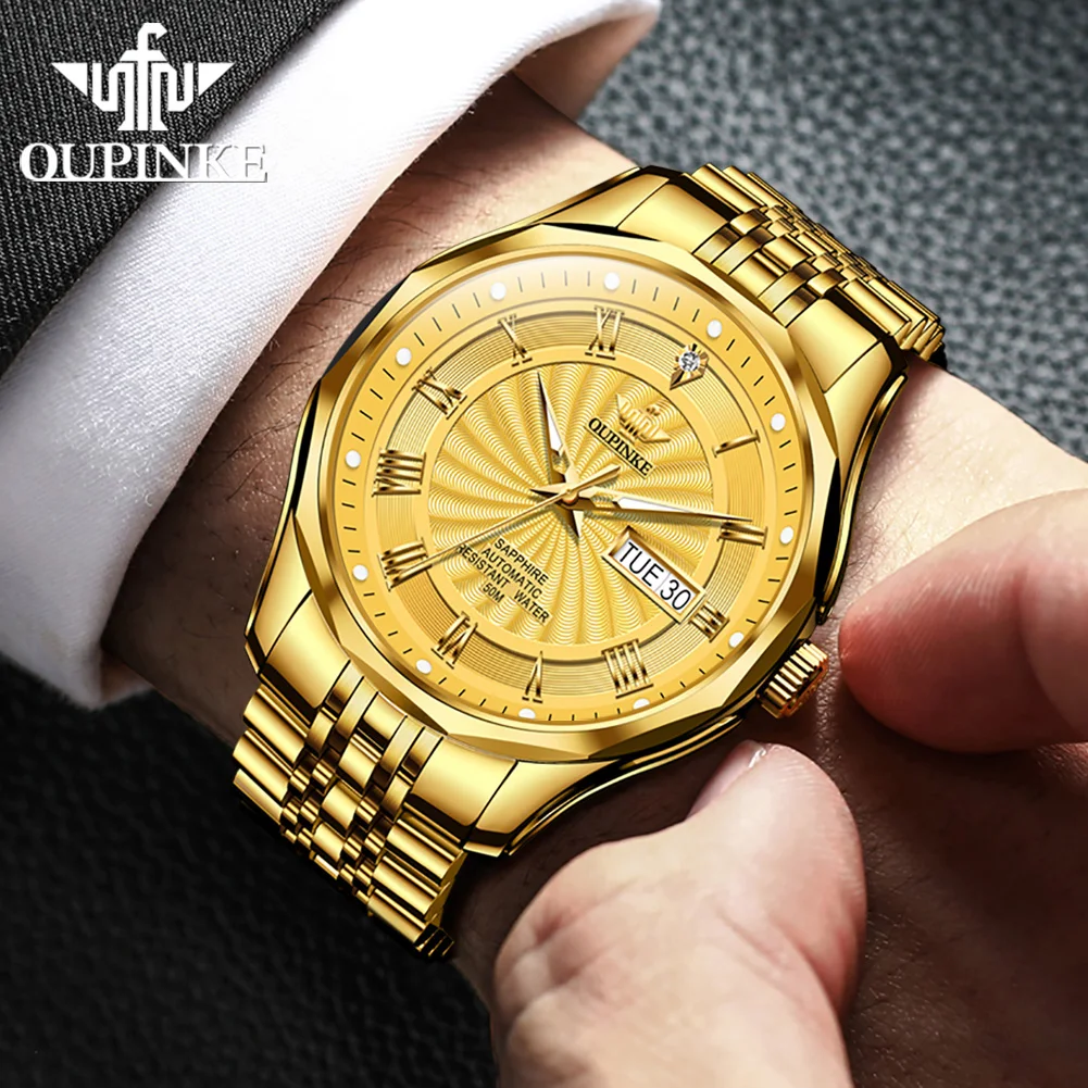 OUPINKE 3207 Real Diamond Mechanical Watch For Men Top Brand Waterproof Automatic Wristwatch Dual Calendar Luxury Man Watches