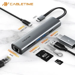 CABLETIME 7 in 1 Slim USB C HUB USB 3.0 Adapter Adapter LAN 1000Mbps HDMI 4K 60Hz 100W Card Reader Portable for MacBook iPad air