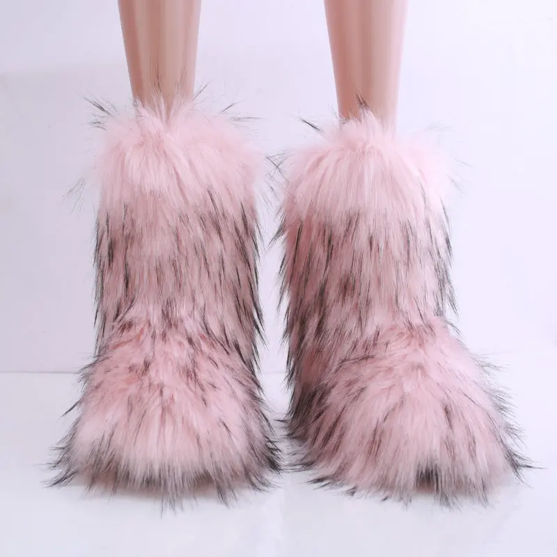 Women Winter Fluffy Faux Fox Fur Boots Luxury Furry Fur Boots Lady Plush Warm Platform Shoes Fashion Snow Boots Sexy Party Shoes