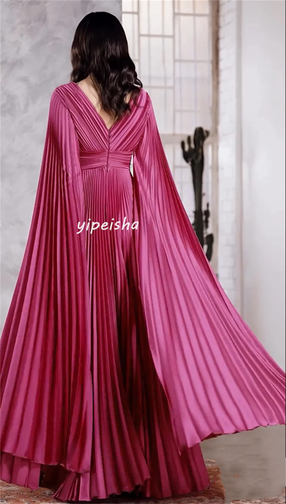 Customized Intricate Fashion Pleat Draped Handmade Flower A-line V-neck Long Dresses Homecoming Dresses Sizes Available High Qu