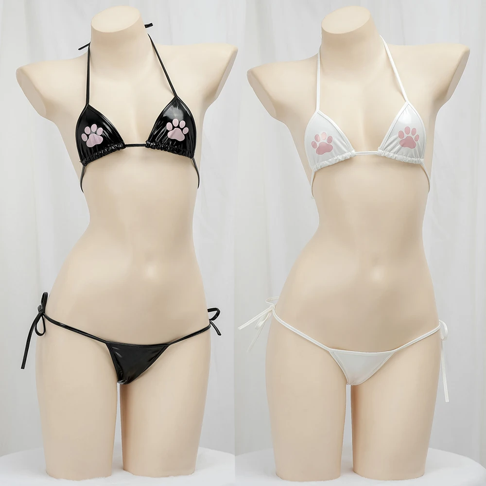 

Sexy Bikini 2025 Women Cat Paw Print PU Swimsuit Lingerie Split Bathing Suit Low Waist Bikinis Sets Beach Swimwear