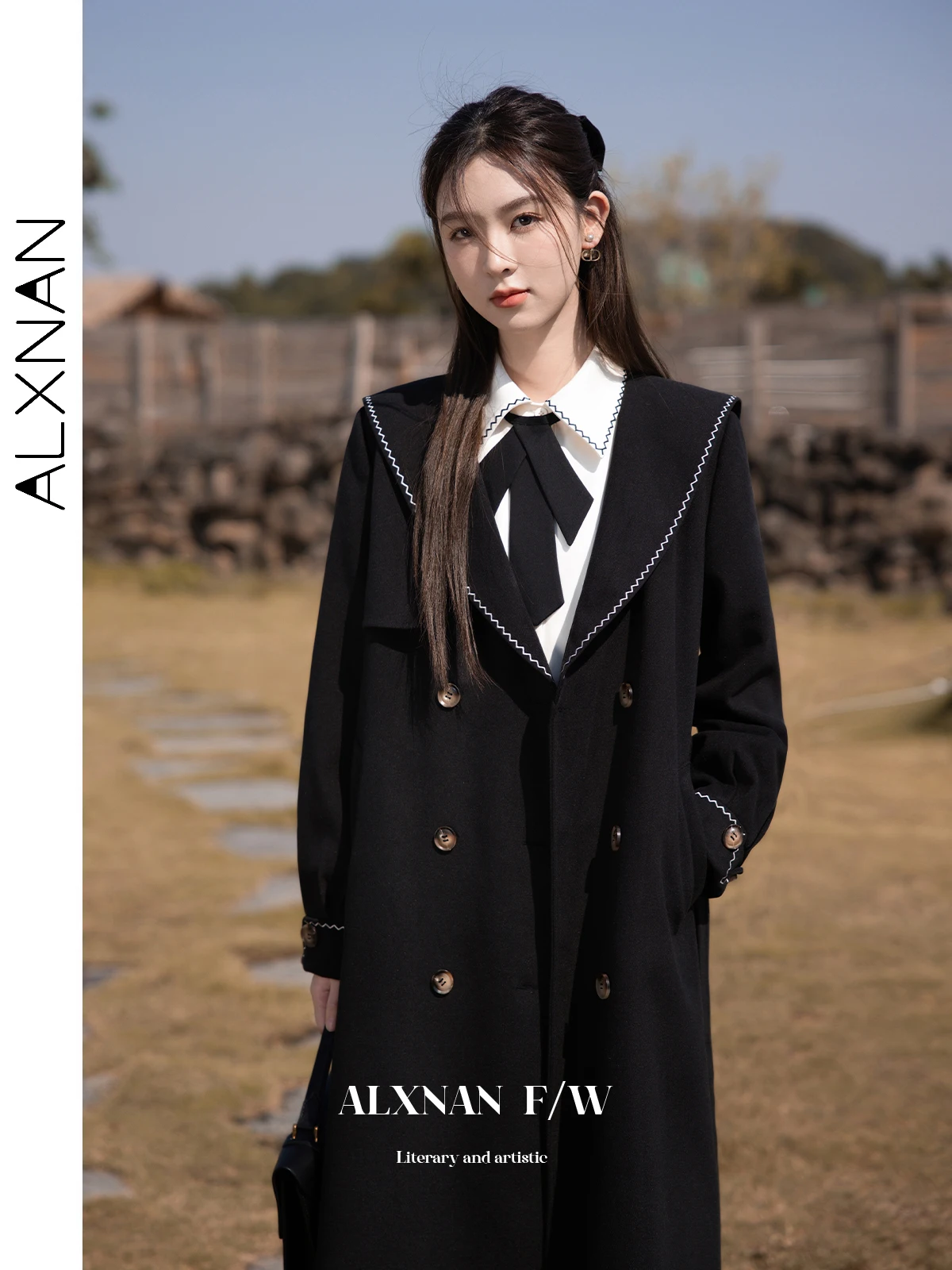 

ALXNAN Women's Woolen Coat Preppy Black Embroidered V-neck Long Sleeve Single Breasted Jackets Belt Fall Winter Coat LXN27961