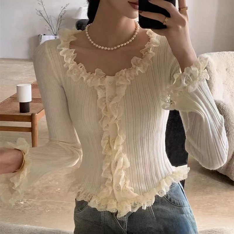 Suéter con volantes para mujer, manga larga, corte entallado, Top de punto acanalado, jersey para mujer, coqueta Fairycore Y2K Gyaru Shoujo, traje para niña