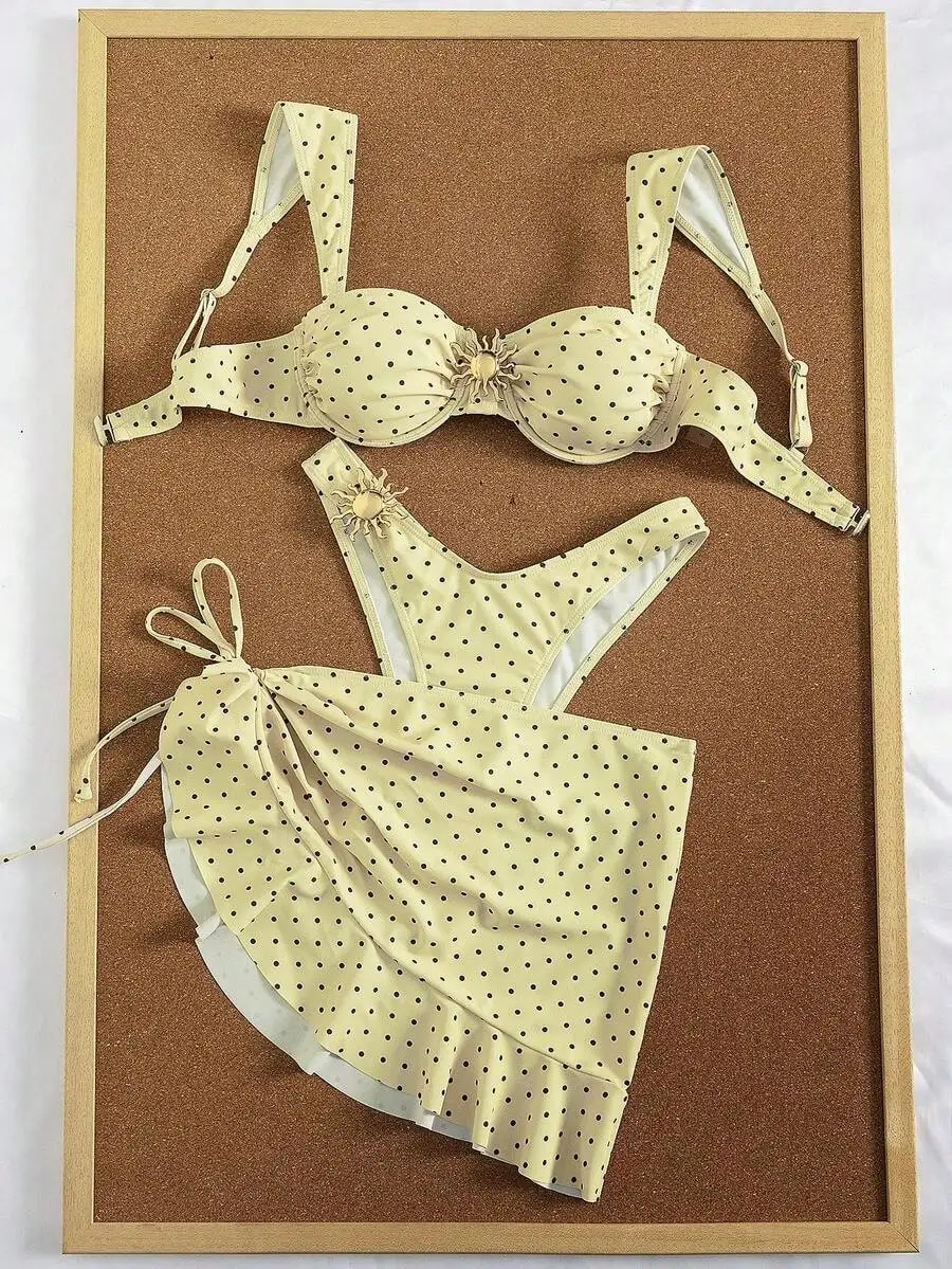 

3-Piece Polka Dot Tankini Swimwear Set With Sunflower Decor