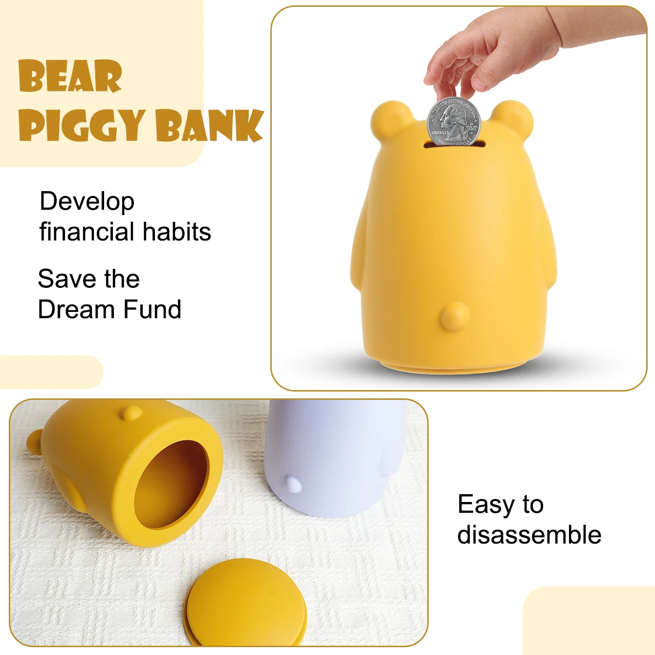 1PCS Baby Silicone Piggy Bank Unbreakable Money Bank Cute Bear Shape Baby Toys Solid Color Baby Items Girls and Boys Coin Bank