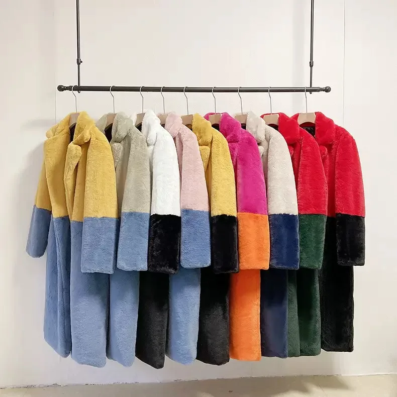 Buitreraptor 혼합 색상 패치 워크 가짜 밍크 모피 겨울 코트 여성 자켓 푹신한 옷깃 칼라 브랜드 우아한 숙녀 긴 Overcoa