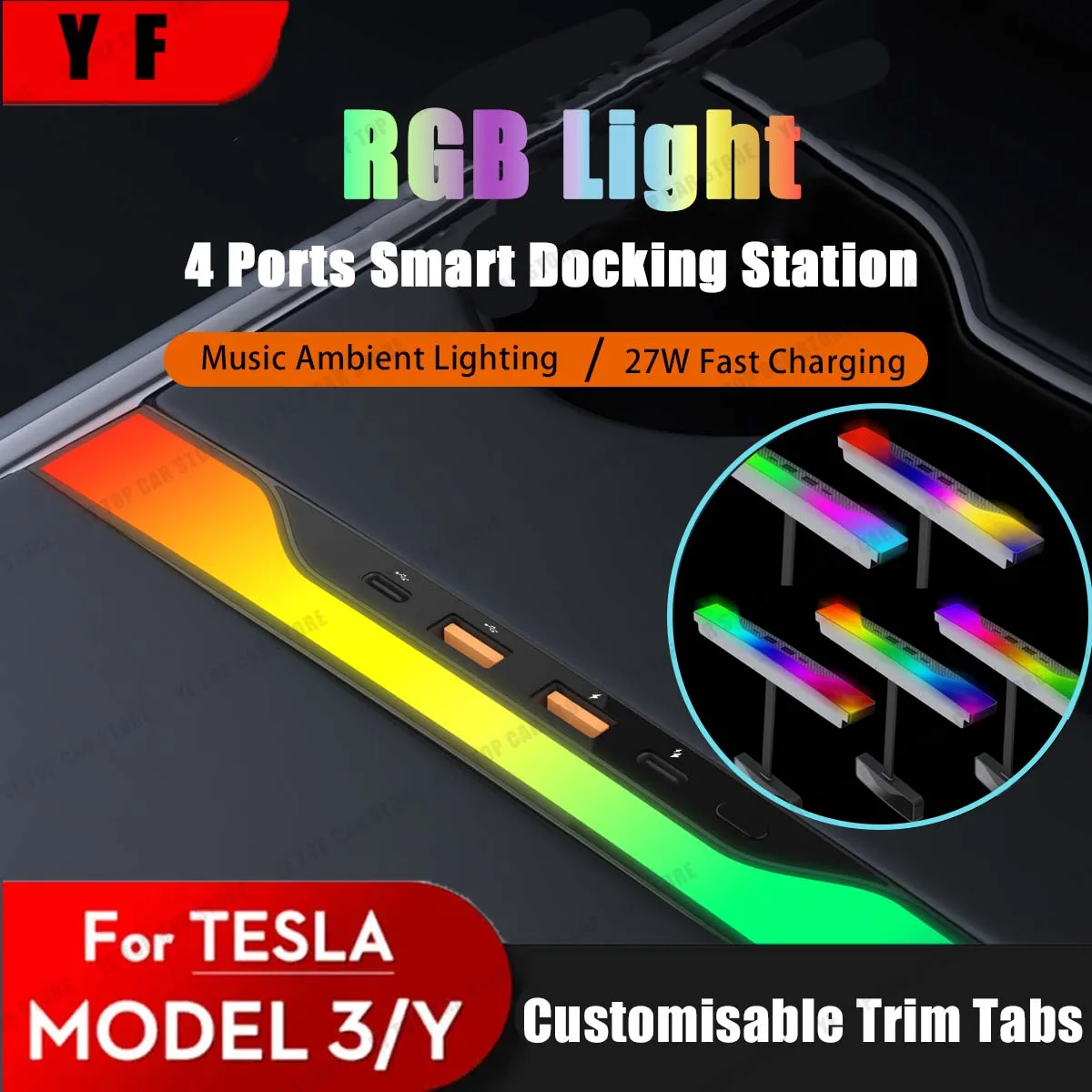 

4 in 1 Multiport USB HUB Adapter With Ambient Light for Tesla Model 3 Model Y 2023+2021 Center Console Adapter Tesla Accessories