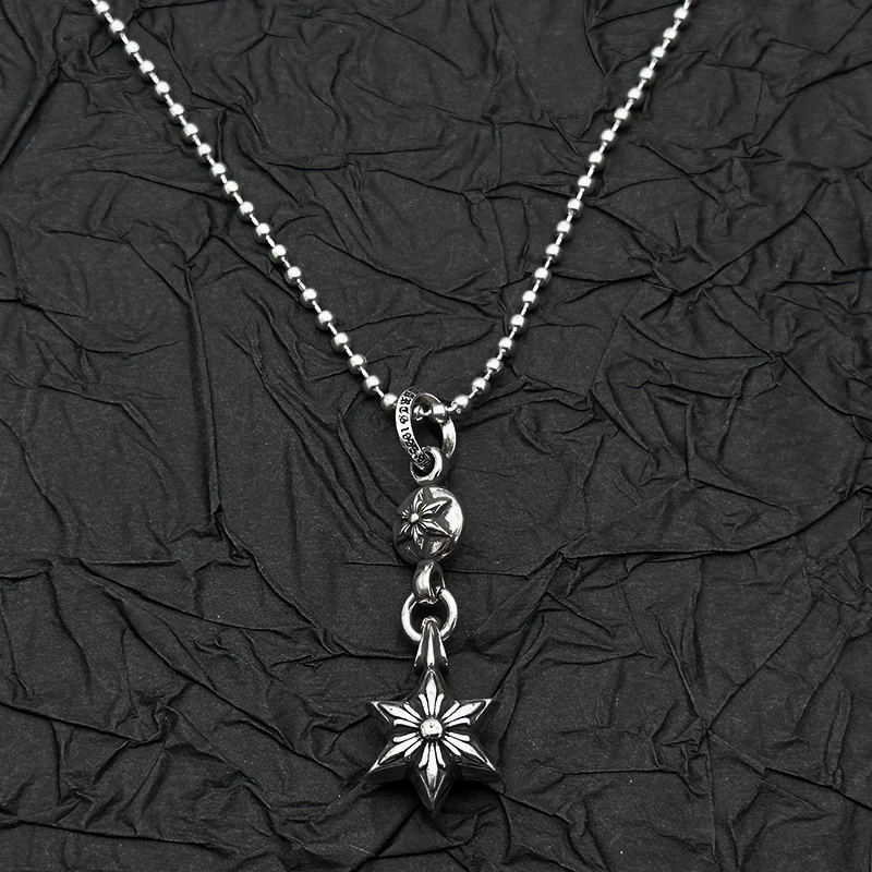 

S925 sterling silver retro old ring single ball hexagram pendant necklace men's and women's European and American niche