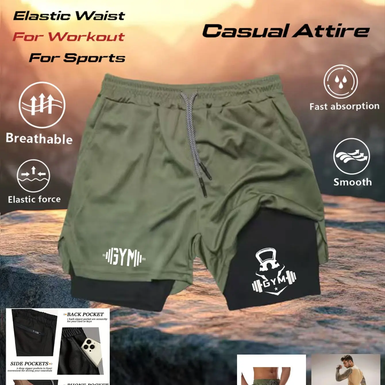 

Men's Running Shorts Quick-drying Fitness Black Double Layer Shorts Men New Sport Workout Training Bodybuilding Short Pants
