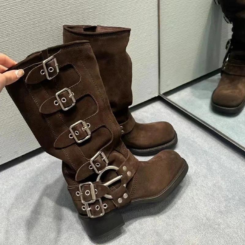 Punk Woman Clasp Buckle Brown suede Knee Boots Side Metal Buckles Motorcycle Boots Women Square Toe Lady Ridding Boots