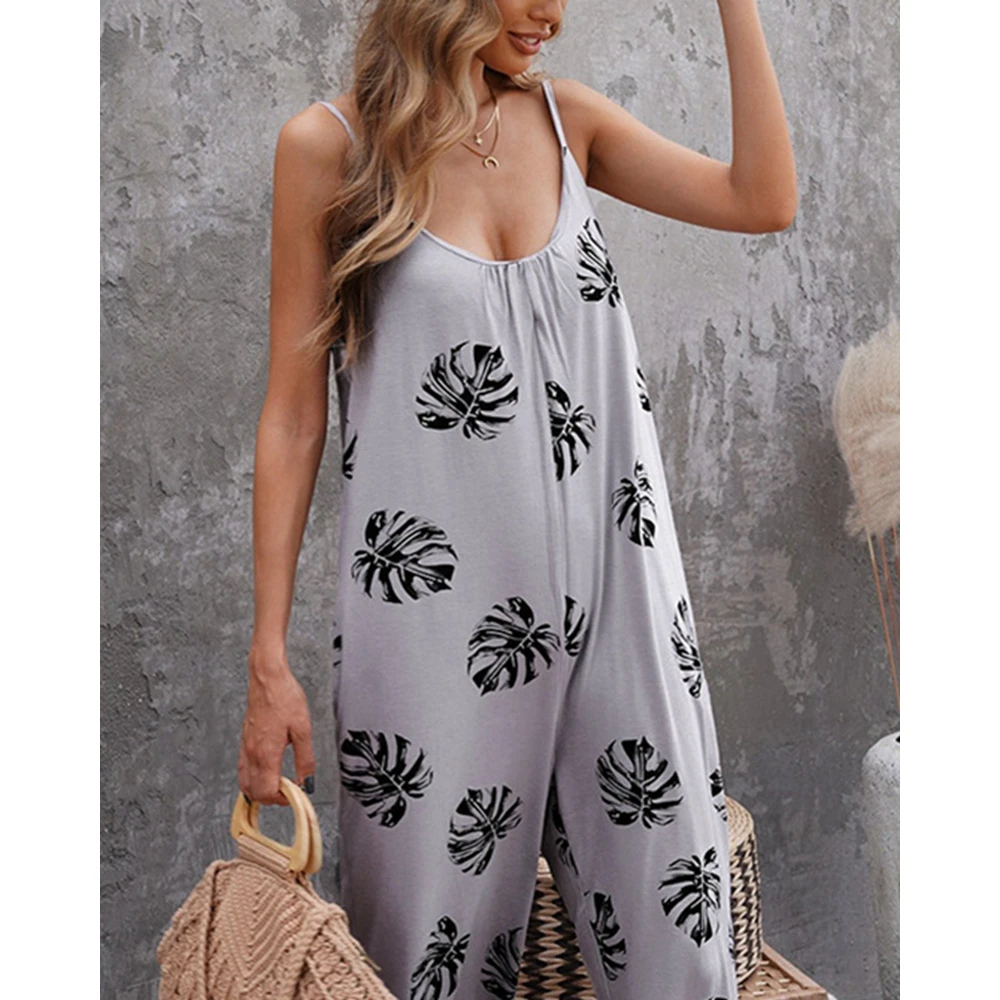 Women New in Spaghetti Strap Floral Print Jumpsuits Summer Casual Lady U Neck Straight Leg Jumpsuit y2k One Piece Clothing