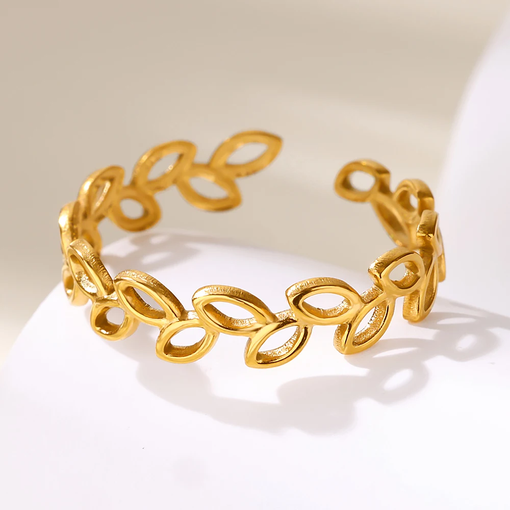 Hollow Leaf Rings for Women Girls Gold Color Adjustable Stainless Steel Ring Vintage Aesthetic Flora Jewelry Freeshippings Items
