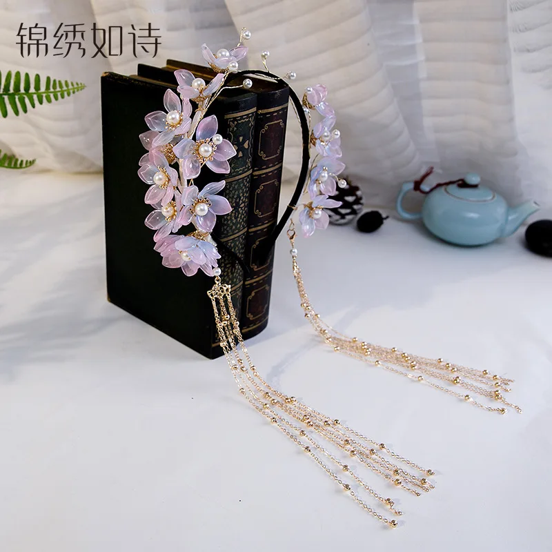 

Регулируемая стеклянная повязка на голову с цветочной кисточкой для девочек, аксессуары для волос Hanfu, мгновенный стиль, подарок на фестиваль древней китайской принцессы