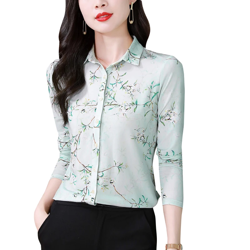 Fashion Elegant Women Silk Blouse 2024 Long Sleeve Chic Printed Slim Women Basic Tops Stretch Women Office Shirts Blusas Mujer