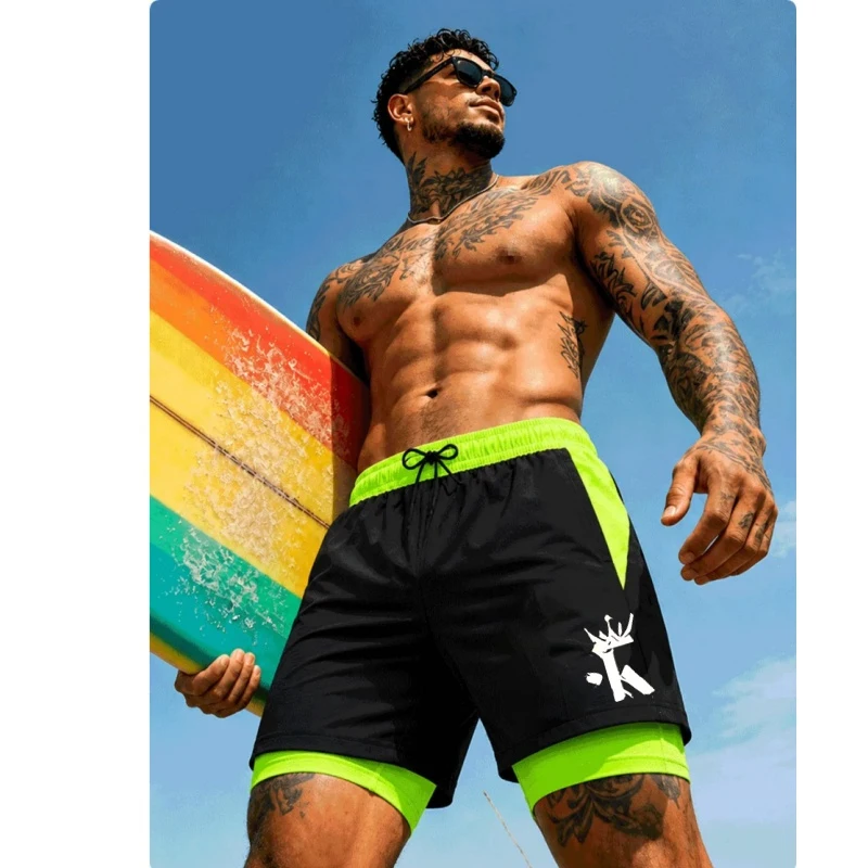 Men'S Two-In-One Double Swimming Trunks With Crown Pattern Quick Dry Surfing Beach Fitness Short Pants With Elastic Drawstring