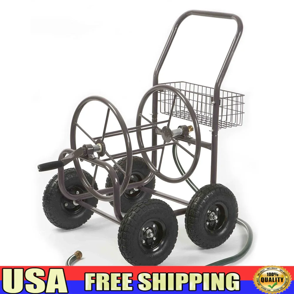 250ft Capacity Steel Frame Garden Hose Reel Cart Organizer Basket Brown Bronze Yard Helper Home