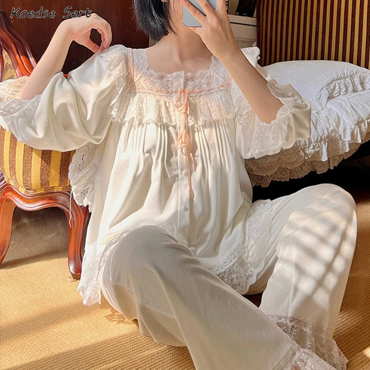 

Sweet Lace Velvet Women's Pajamas Sets Vintage Embroidery Long Sleeve Sleepwear Suits Winter Autumn Pyjamas island velvet