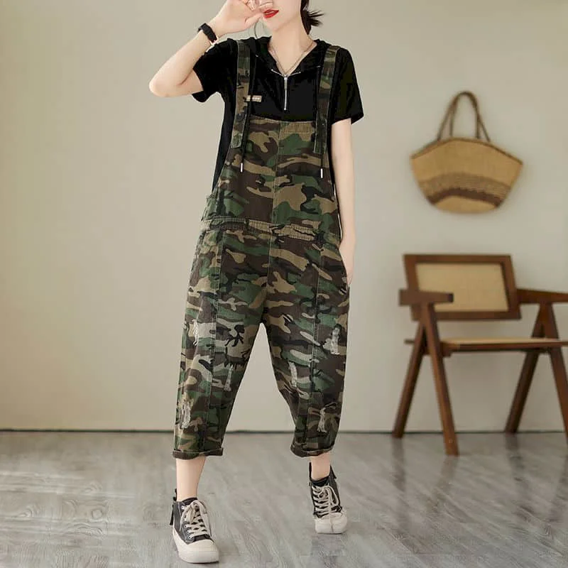 Camouflage Jumpsuits for Women Workwear Straight Pants Vintage One Piece Outfit Women Clothing Safari Style Loose Casual Rompers