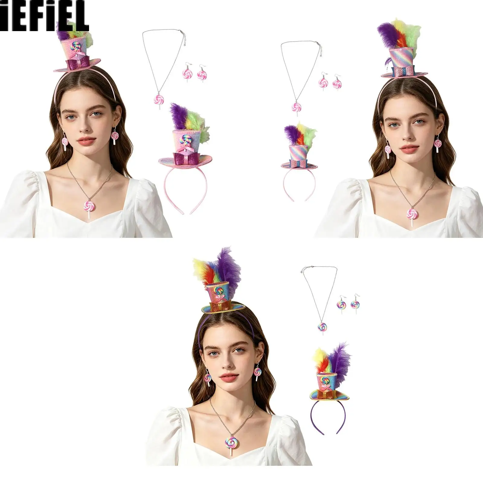 

Women Cartoon Candy Cake Sparkly Sequins Feathered Headpiece And Earrings for Performance Accessories Candyland Costume