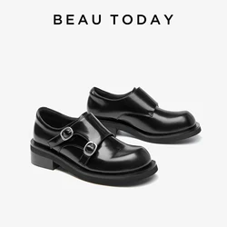BEAUTODAY Flats Mengke Women Buckle Belt Genuine Leather Round Toe Large Head Ladies British Style Shoes 27937