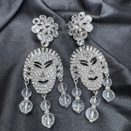 Silver Tone Mask Dangle Earrings Women Pave Crystal Bead Tassel Exaggerated Ins Evening Party Statement Jewelry