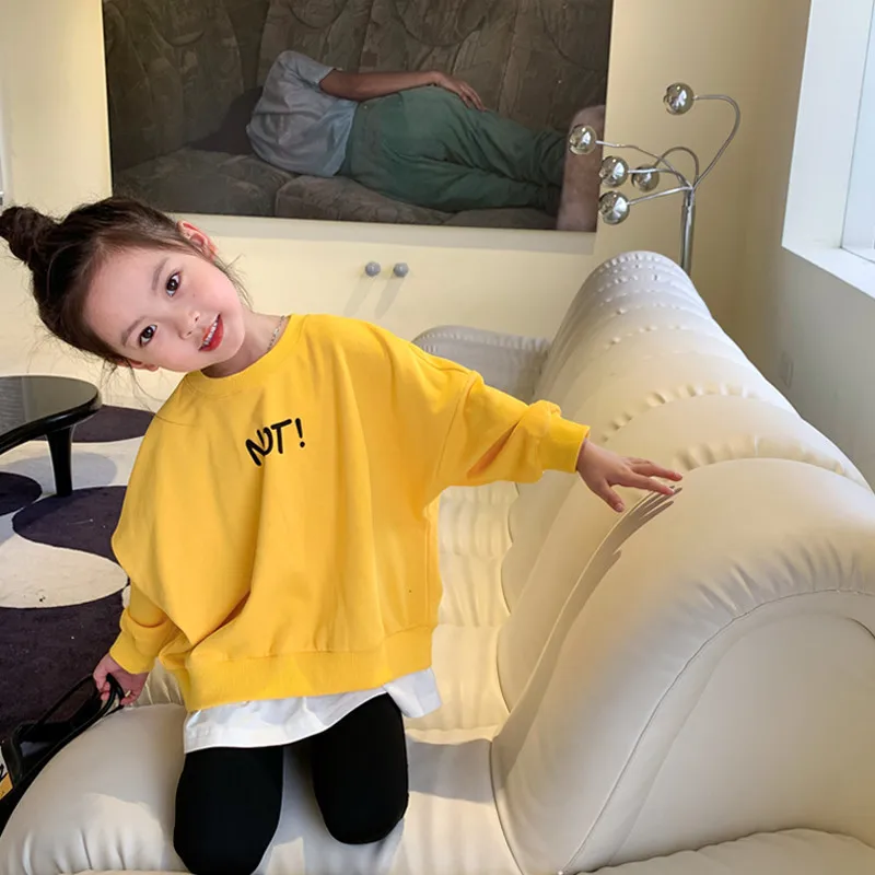 Girls' Top Spring and Autumn Girls' Baby Children Letter Yellow Long Sleeve Pullover Sweater Kids Sweatshirt Outwear 1-6 Years