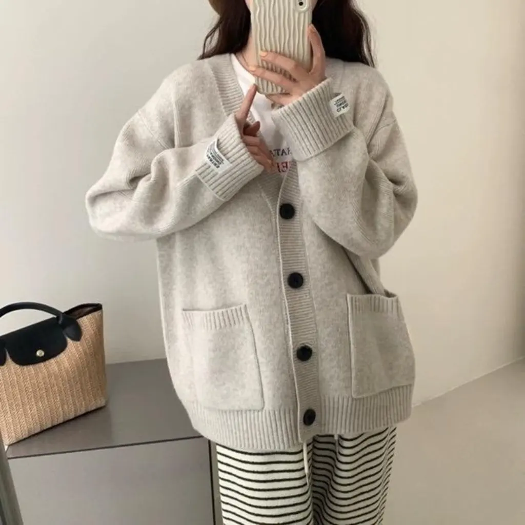 

Autumn Winter Women's Loose Knitted V-Neck Sweater Sleeve Cuff Soft Lazy Cardigan Korean Style Fashion Casual Top