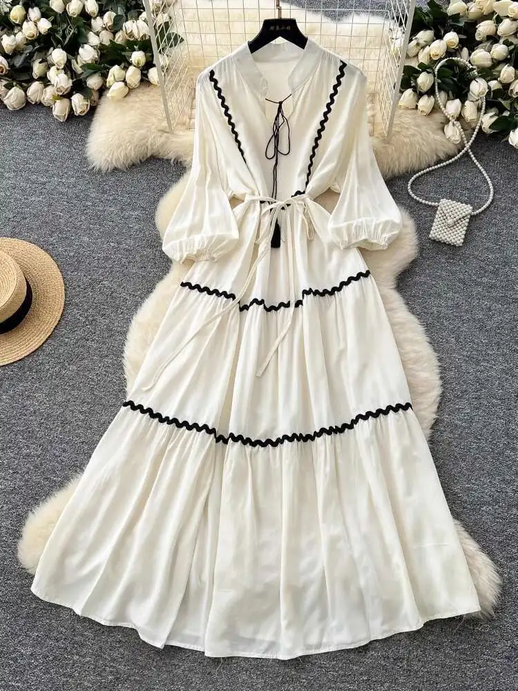 Französisch Frauen Vintage Kleid Welle Muster Verstärktes Laterne Hülse Strand Lange Kleider Damen Lose Frühling Herbst Lange Robe Vestidos