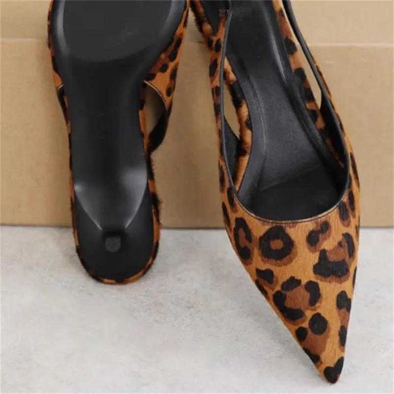 Leopard Pattern Shoes For Womens Pointed Toes Lady Low Heels Female Sandals Back Strap Zapatos Mujer Sewing Lines Chassure Femme