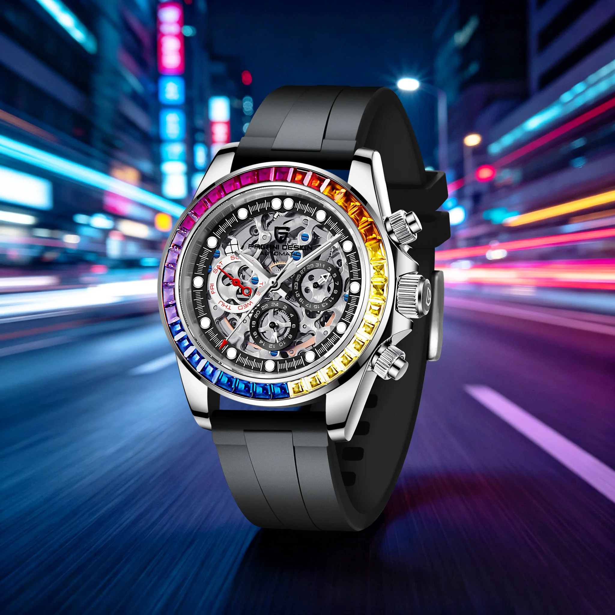 PAGANI DESIGN Fashion Business Mens Automatic Mechanical Watch 3‑Eye Skeleton Dial Rubber Strap Sapphire Glass Sports Mens Watch