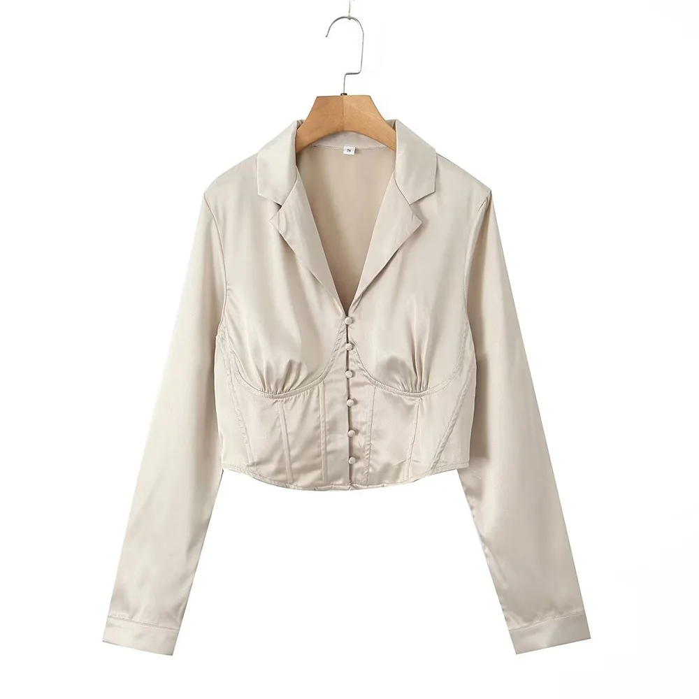 

2024 Summer New Women's Suit Collar Satin Color Ding Single breasted Long Sleeve Slim Fit Design Shirt