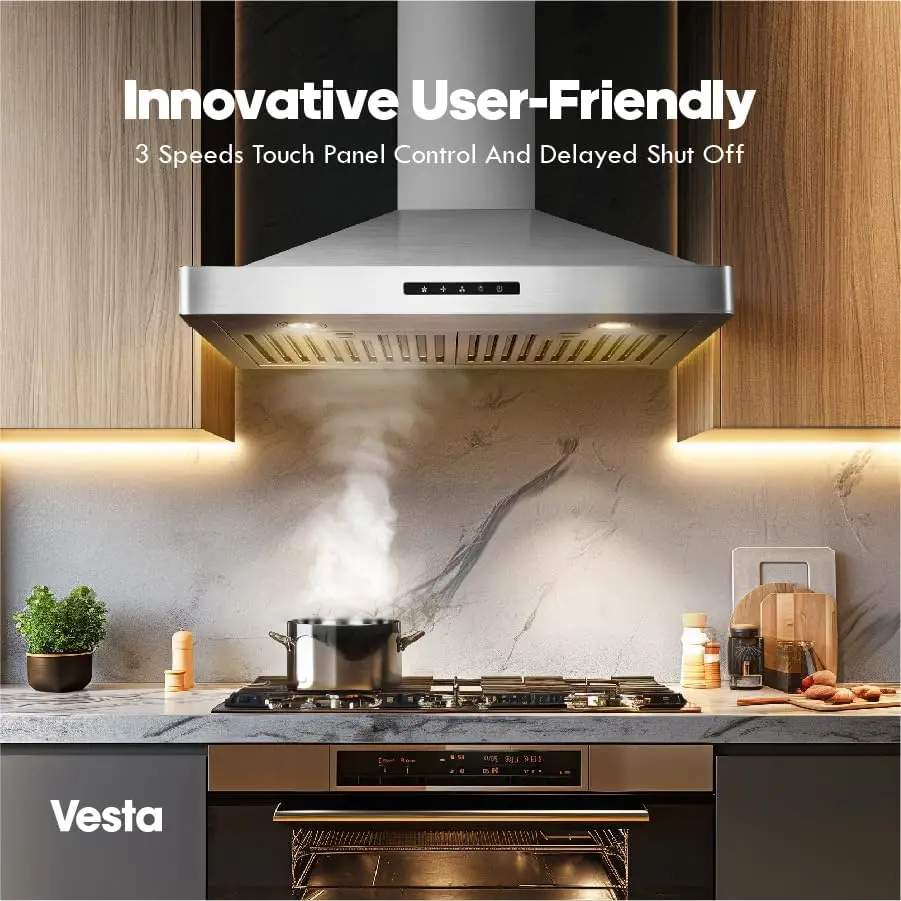 

VESTA Milan 30 Inches 800CFM Stainless Steel European Style Wall Mount Range Hood With LED Lights Touch Screen Round Front Edges