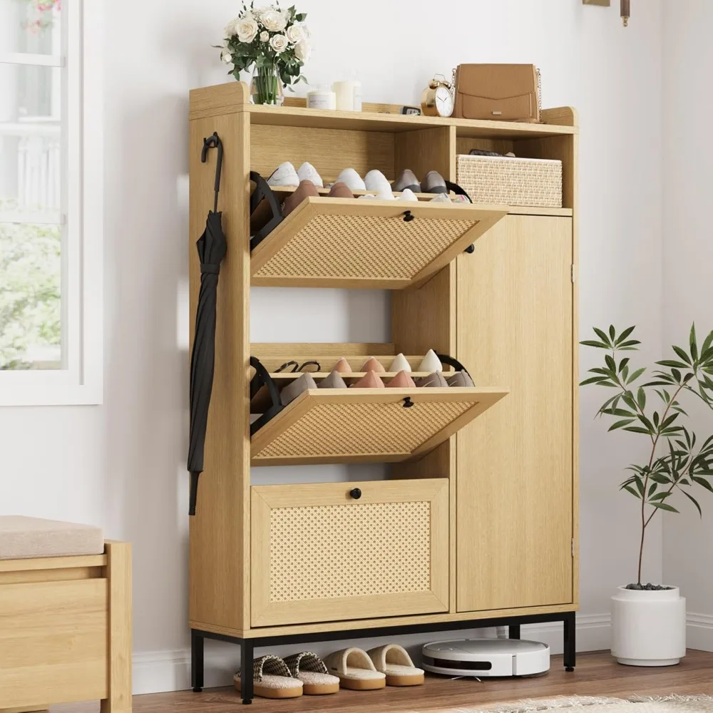 

Rattan Shoe Storage Cabinet with 3 Flip Drawers, Freestanding Organizer with Adjustable Shelves, Narrow Shoe Rack Cabinet