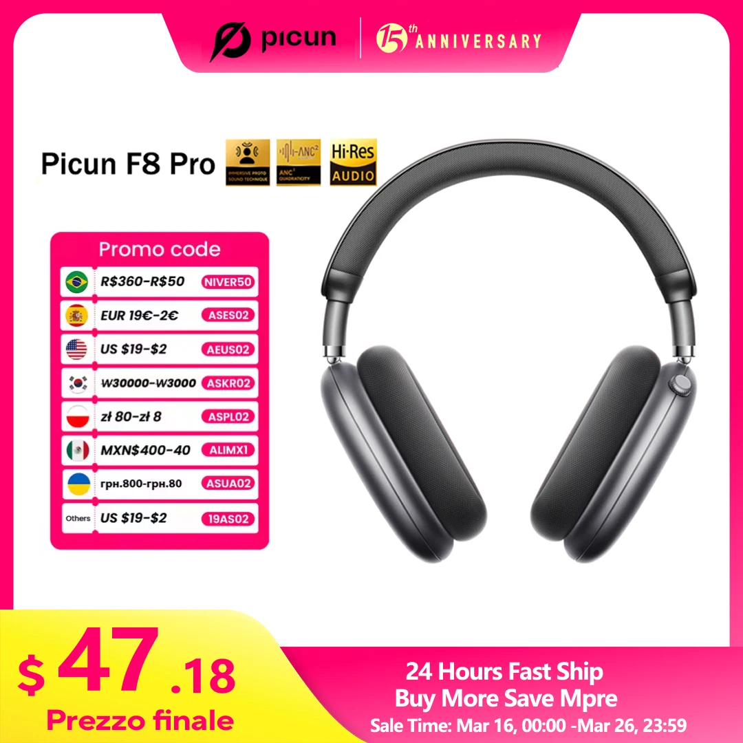 Picun F8 Pro ANC Wireless Headphones Head Tracking 3D Spatial Audio -52dB ANC HIFI Bluetooth Headset ENC HD Mic Low-Latency APP