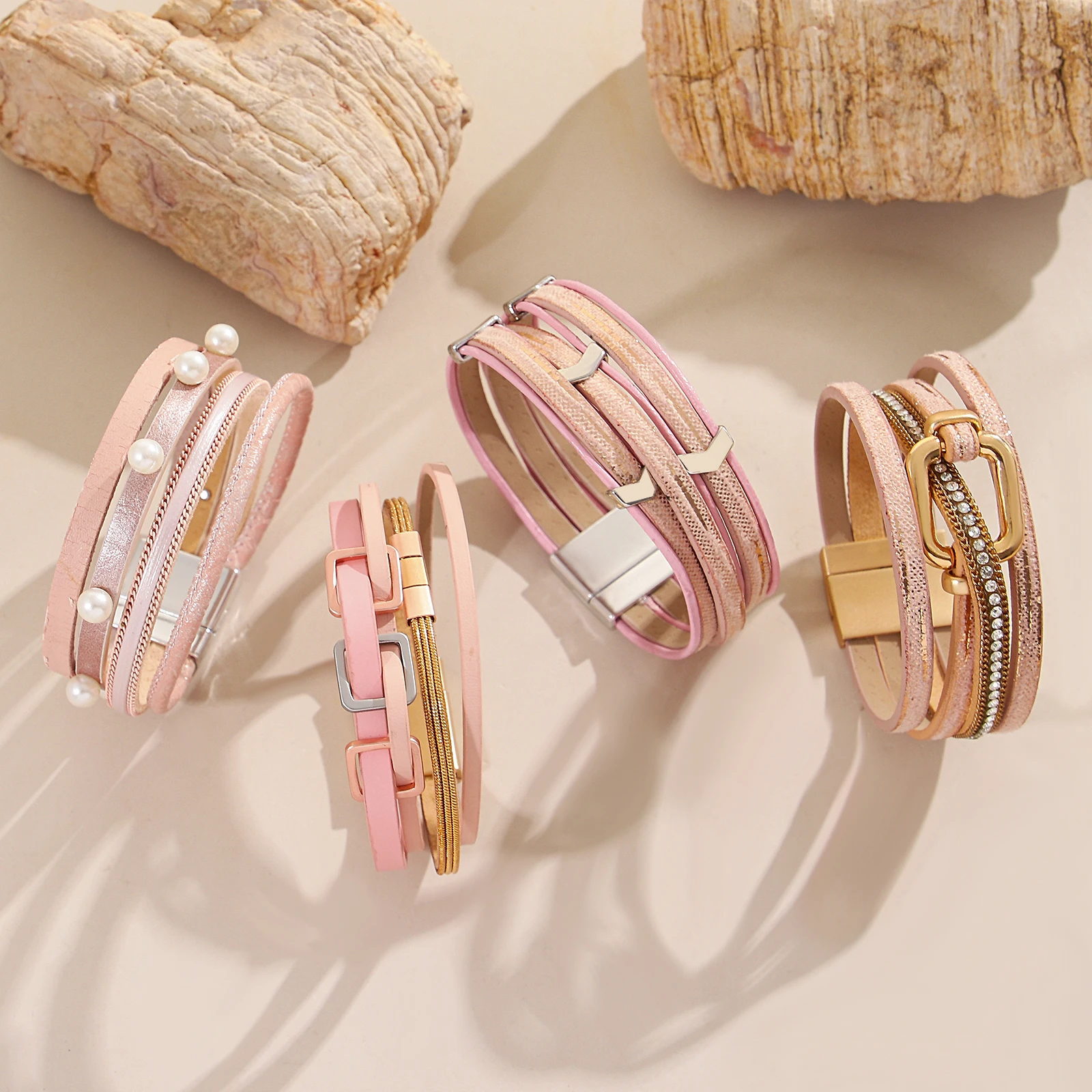 

Amorcome Elegant Geometric Block Metal Buckle Leather Bracelet for Women Pink Multilayer Winding Magnetic Buckle Bracelet Gift