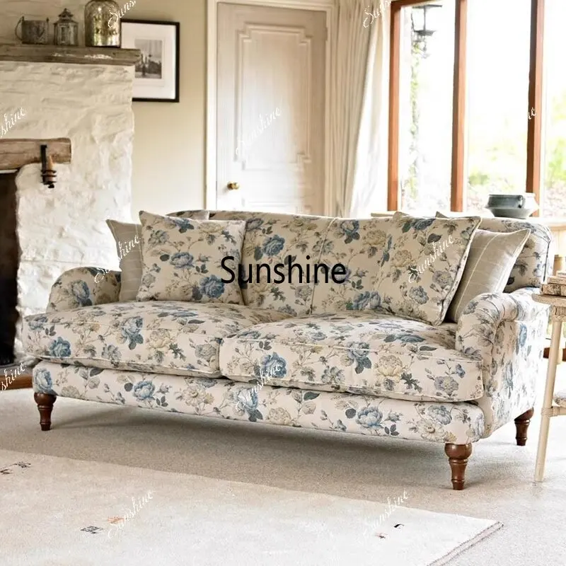 French retro solid wood, living room printed fabric sofa, rural straight row