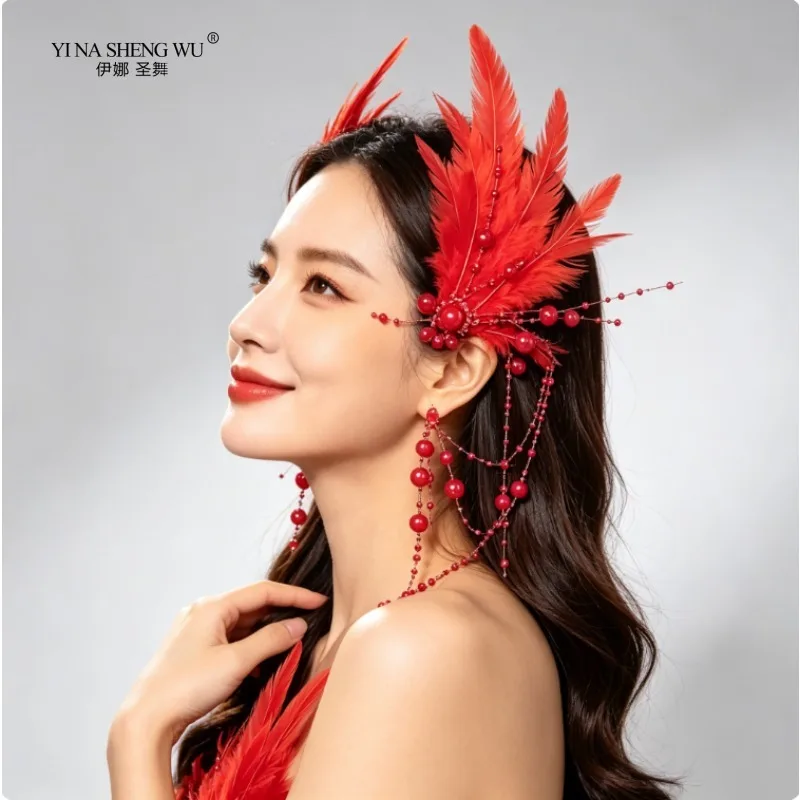 Red Feather Headdress Female Model Live Action Stage Performance Hair Accessories Dance Runway Party Atmosphere Accessories