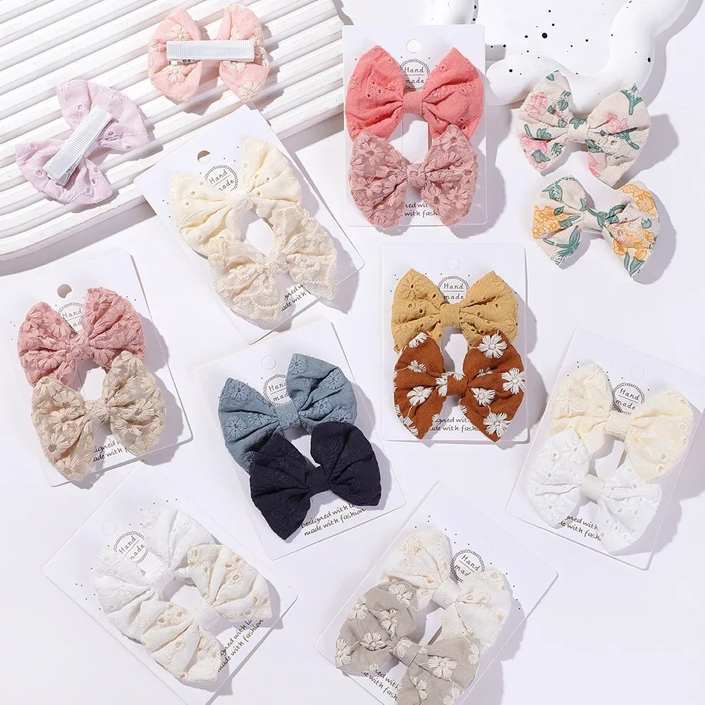 2Pcs/Set Cute Handmade Embroidery Hair Bows Hair Clip for Girl Cotton Hairpin Cheer Bow Barrette Toddler Babe Hair Accessories