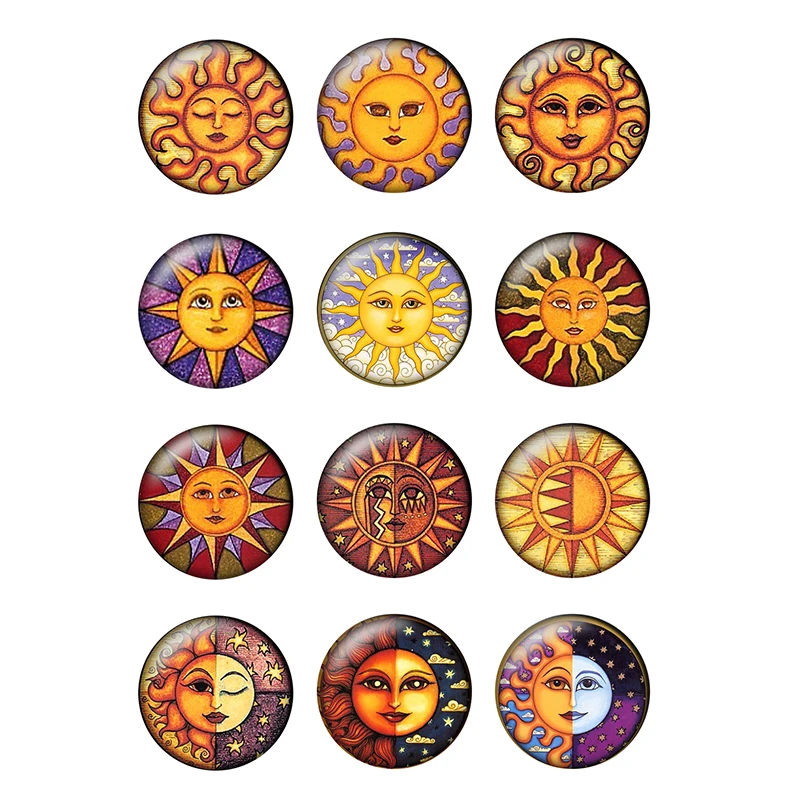 24pcs/lot New Sun and Moon Vintage Patterns Round Glass Cabochon Flat Back Making Findings Snap Button Jewelry H025