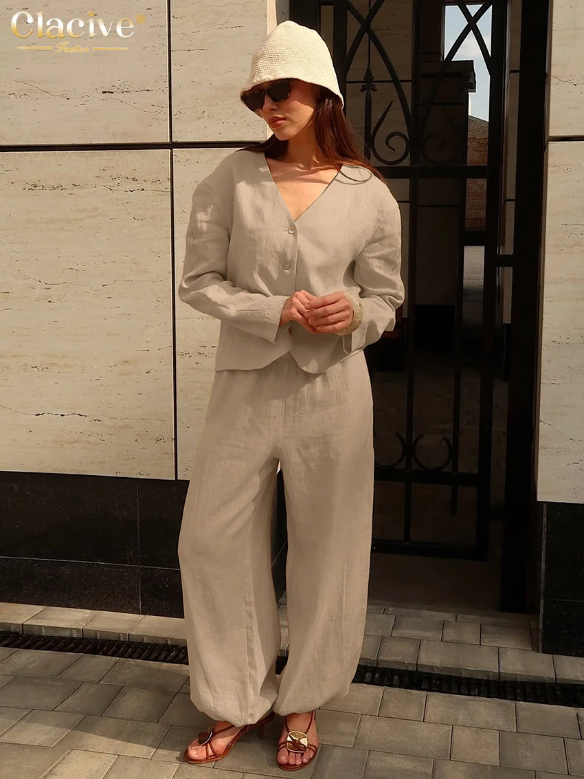 

Clacive Fashion Loose Khaki Trousers Sets Of Women Elegant Long Sleeve Shirt With High Waist Wide Pants Set Female Streetwear
