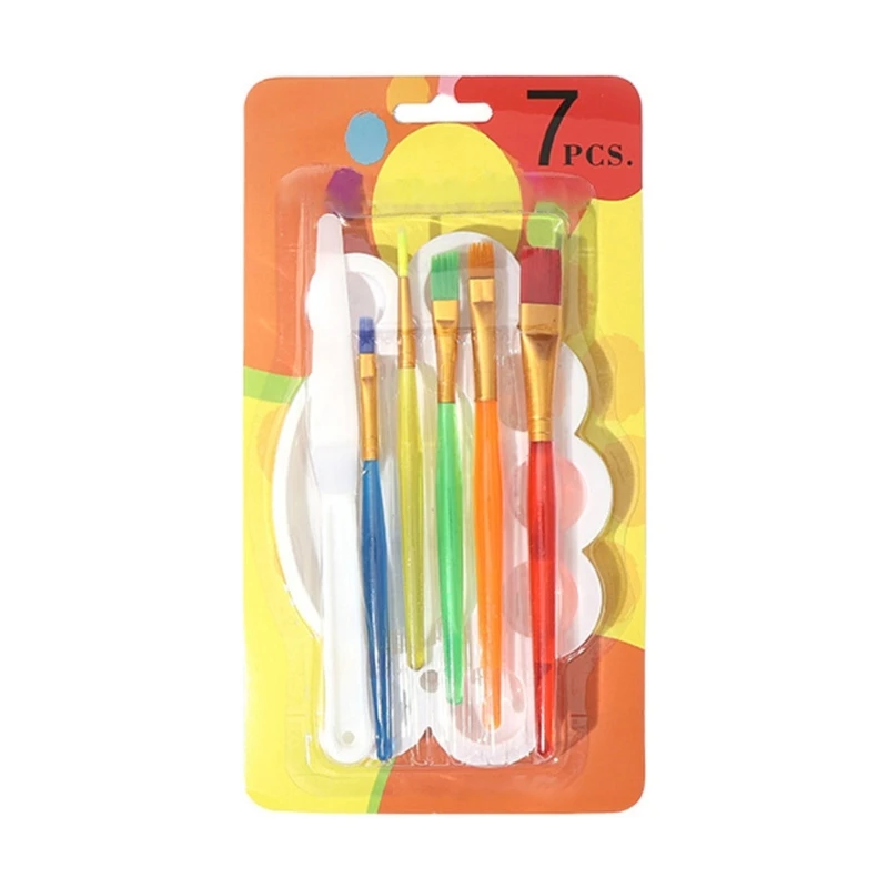 7PCS Children Paintbrush Palettes Smearing Tool Set Flat Tip Paint Brush for Kids Watercolor Gouaches Acrylic Painting