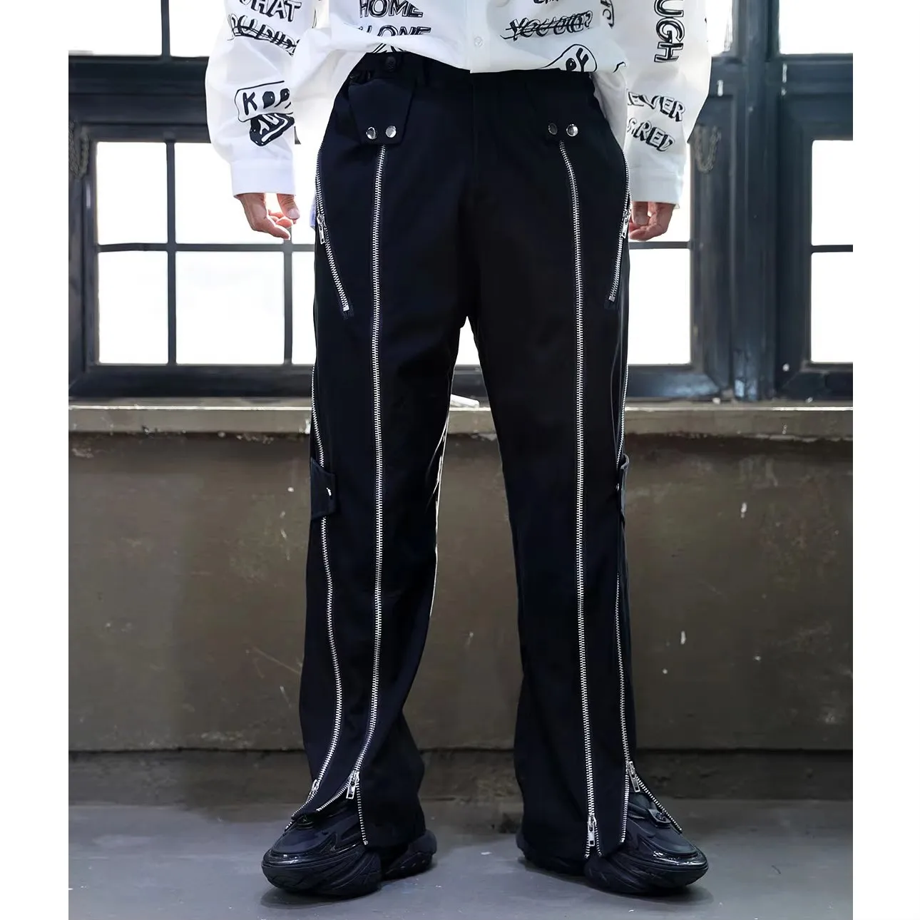 27-46 2025 Men Women Yamamoto Style Original Personalized Zip Decoration Heavy Straight Causal Pants Lovers Plus Size Costumes