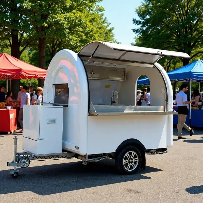 White curved appearance mobile dining car, single wheel design, with lockers, commercial stall snack truck