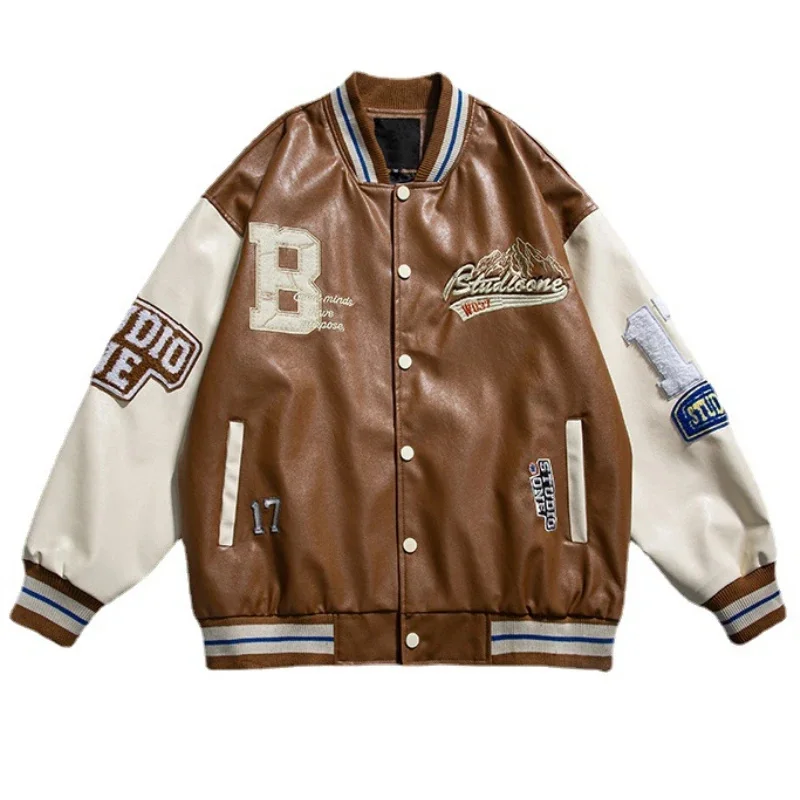 New Men's Leather Jacket Spring Autumn American Vintage PU Baseball Jerseys Embroidery Hip Hop Loose Coats