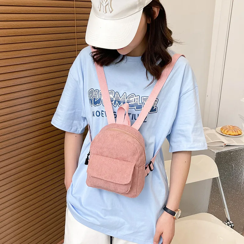 กระเป๋าผ้าลูกฟูกแฟชั่นใหม่สำหรับผู้หญิง tas ransel MINI สีทึบกระเป๋าเป้ขนาดเล็กเรียบง่ายนักเรียนลำลองกระเป๋าเป้เดินทาง